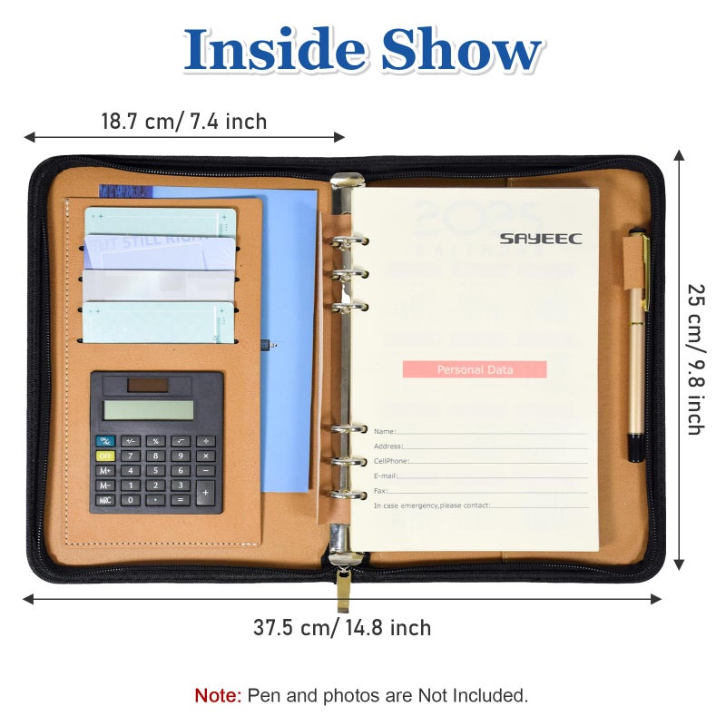 SAYEEC Executive Conference Folder A5 Zipped Portfolio Binder Faux Leather Padfolio Refillable Business Notebook Organizer with Calculator Loose Leaf Paper Gift for Man Women - Image 4